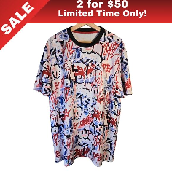 [Sale: 2 for $50!] Red White Blue Graffiti Print Graphic T-Shirt Size XL 0358 - Picture 1 of 11